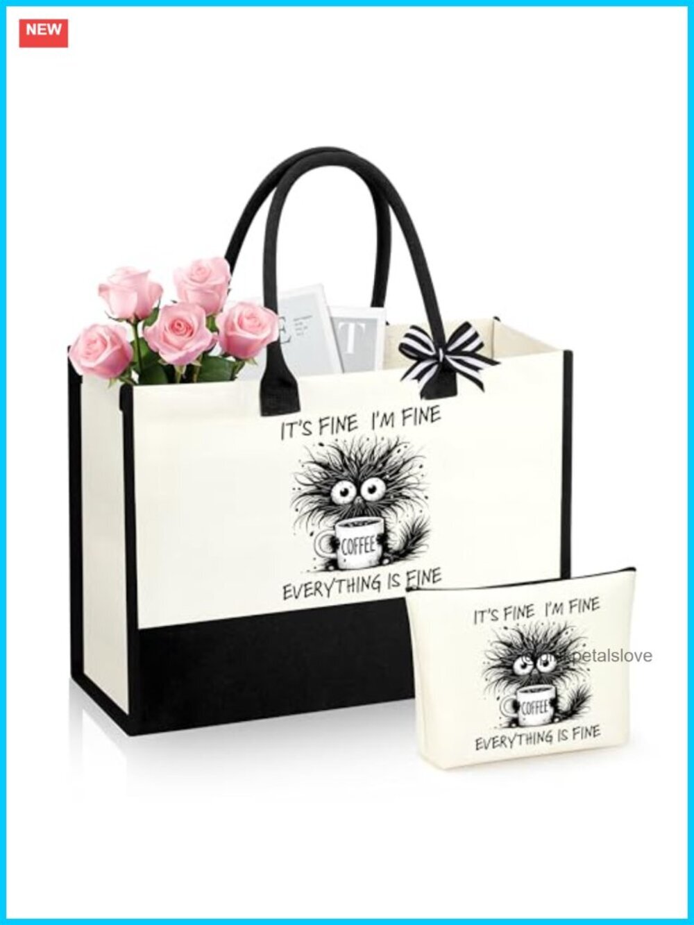 Canvas Tote Bag Set with Cat Prints - Large Capacity Reusable Shopping Bag